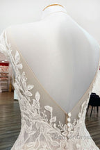 Vintage Long A Line Jewel Tulle Ruffles Wedding Dresses with Lace Appliques