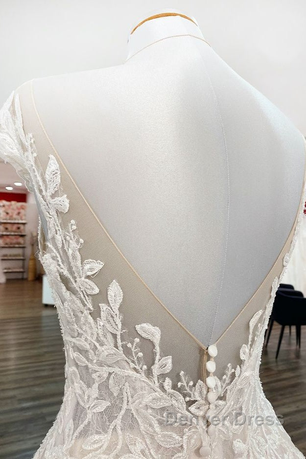 Vintage Long A Line Jewel Tulle Ruffles Wedding Dresses with Lace Appliques