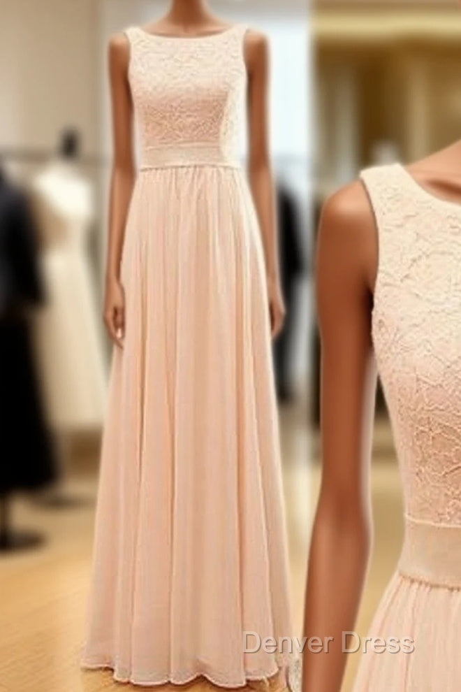 Vintage Long Column  Lace Top Bateau Neck Sleeveless Blush Pink Zipper Back Maxi Bridesmaid Dresses, Main image