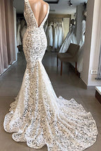 Vintage Long Mermaid V Neck Lace Backless Wedding Dresses