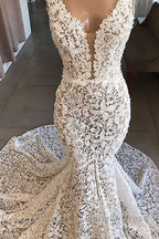 Vintage Long Mermaid V Neck Lace Backless Wedding Dresses