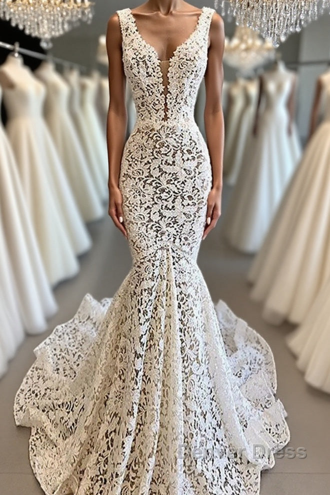 Vintage Long Mermaid V-neck Lace Backless Wedding Dresses Main image