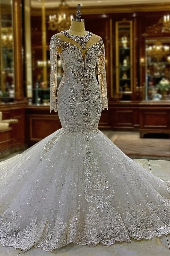 Vintage Long Sleeve Appliques Lace Beading Sequins Mermaid Wedding Dresses Main image