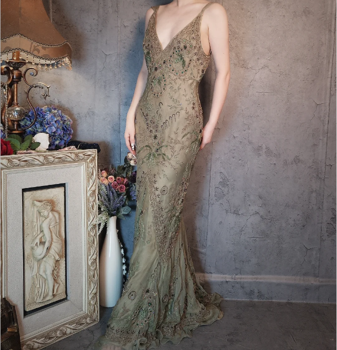 Vintage Luxury Green Mermaid Deep V-Neck Beaded Embroidered Chiffon Long Prom Dresses Evening Dresses