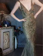 Vintage Luxury Green Mermaid Deep V-Neck Beaded Embroidered Chiffon Long Prom Dresses Evening Dresses