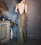 Vintage Luxury Green Mermaid Deep V-Neck Beaded Embroidered Chiffon Long Prom Dresses Evening Dresses