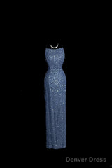 Vintage Mermaid Boat Neck Blue Sequin Backless Prom Gown Fairy Prom Dresses