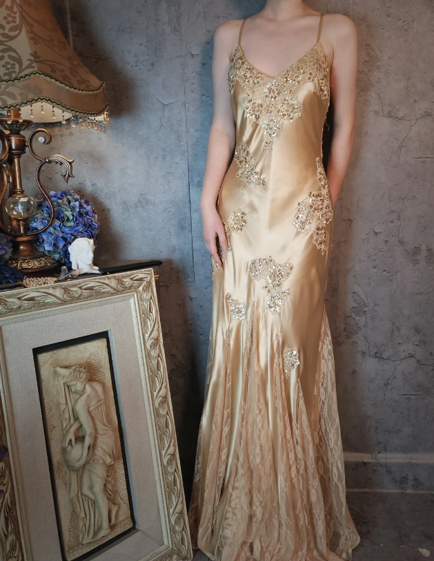 Vintage Mermaid Champagne Gold Sequined Lace Satin Long Prom Dresses Evening Dresses