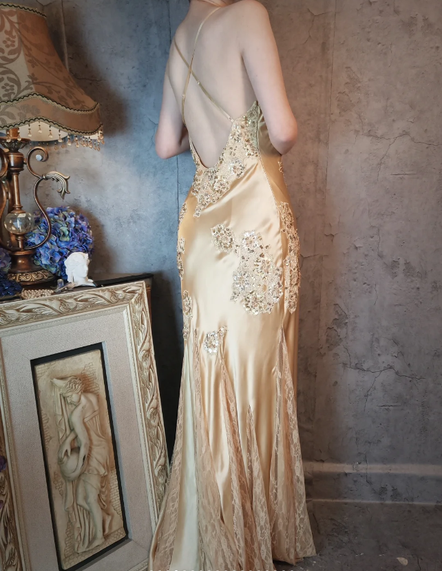 Vintage Mermaid Champagne Gold Sequined Lace Satin Long Prom Dresses Evening Dresses
