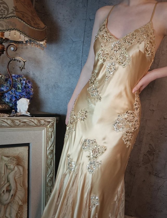 Vintage Mermaid Champagne Gold Sequined Lace Satin Long Prom Dresses Evening Dresses