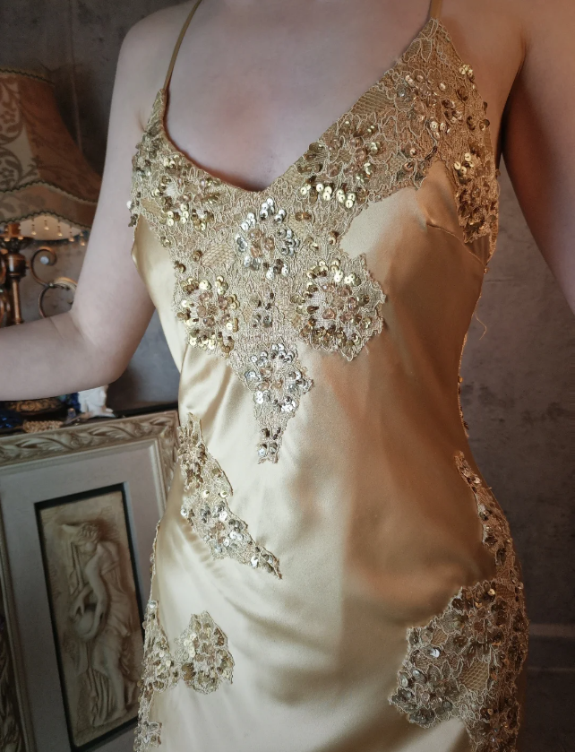 Vintage Mermaid Champagne Gold Sequined Lace Satin Long Prom Dresses Evening Dresses