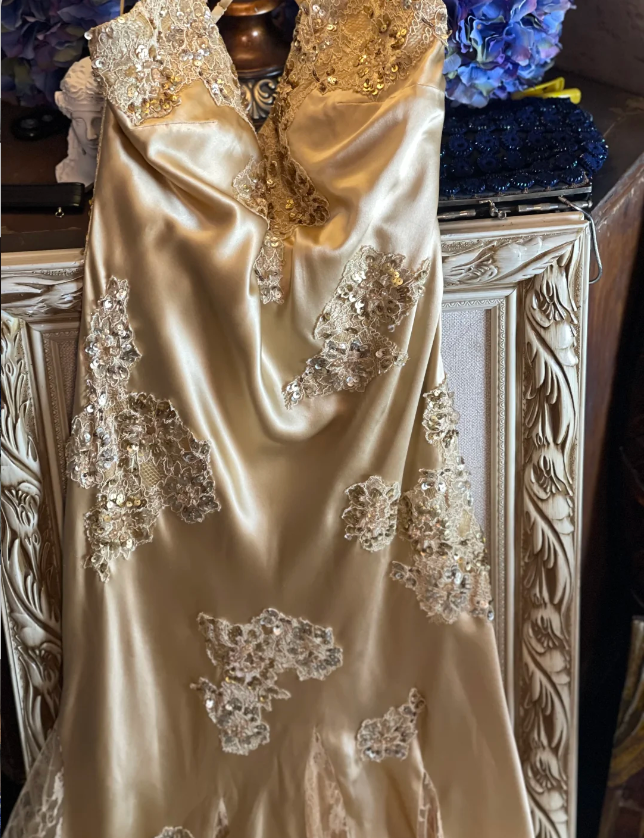 Vintage Mermaid Champagne Gold Sequined Lace Satin Long Prom Dresses Evening Dresses