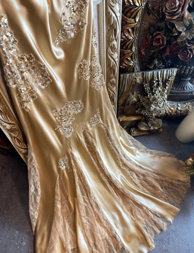 Vintage Mermaid Champagne Gold Sequined Lace Satin Long Prom Dresses Evening Dresses