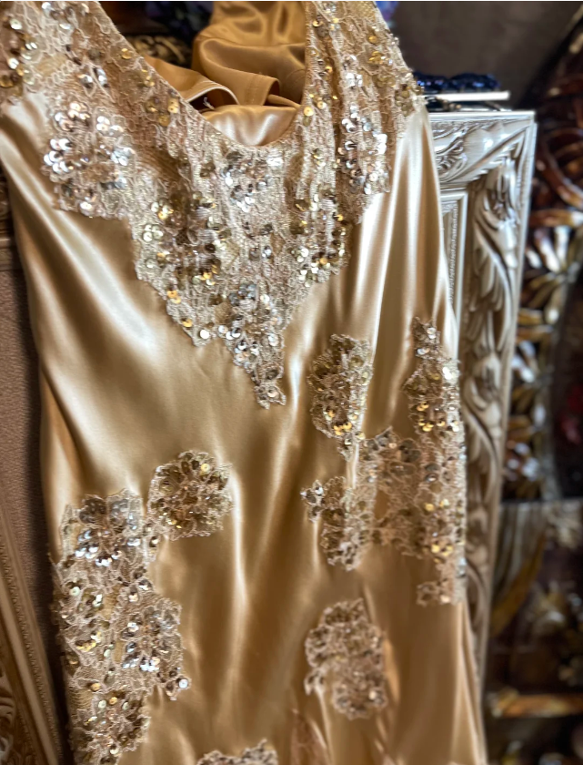 Vintage Mermaid Champagne Gold Sequined Lace Satin Long Prom Dresses Evening Dresses