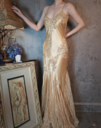 Vintage Mermaid Champagne Gold Sequined Lace Satin Long Prom Dresses Evening Dresses