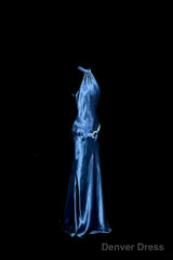 Vintage Mermaid Halter Neck Blue Satin Backless Prom Gown Fairy Prom Dresses