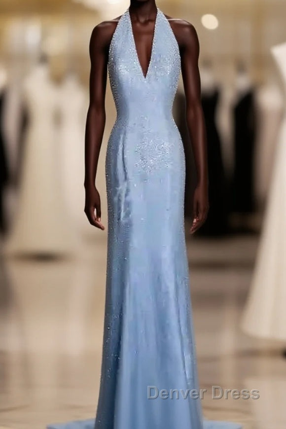 Vintage Mermaid Halter Neck Blue Sequin Prom Gowns Fairy Prom Dresses Main image