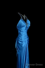 Vintage Mermaid Halter Neck Royal Blue Satin Backless Prom Gown Fairy Prom Dresses