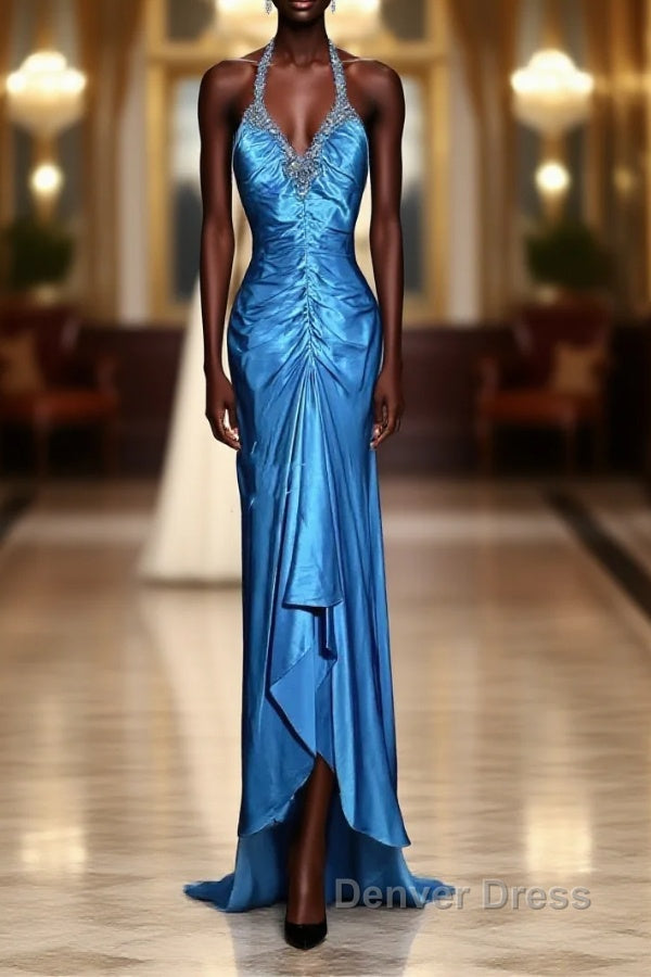 Vintage Mermaid Halter Neck Royal Blue Satin Backless Prom Gowns Fairy Prom Dresses Main image