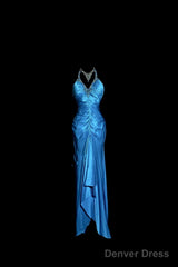 Vintage Mermaid Halter Neck Royal Blue Satin Backless Prom Gown Fairy Prom Dresses