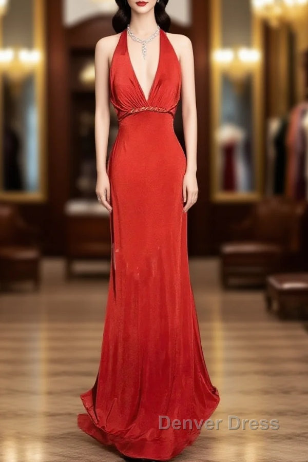 Vintage Mermaid Halter Satin Red Prom Gowns Fairy Prom Dresses Main image