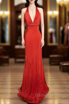 Vintage Mermaid Halter Satin Red Prom Gowns Fairy Prom Dresses