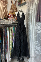 Vintage Mermaid Halter Sleeveless Long Black Lace Prom Dress