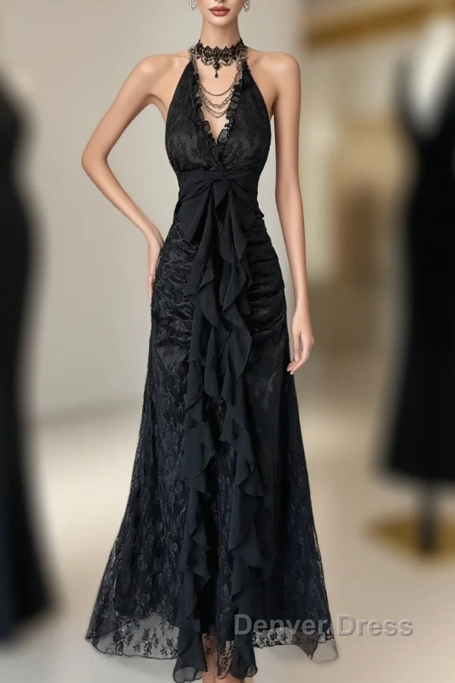 Vintage Mermaid Halter Sleeveless Long Black Lace Evening Dresses Prom Dresses Main image