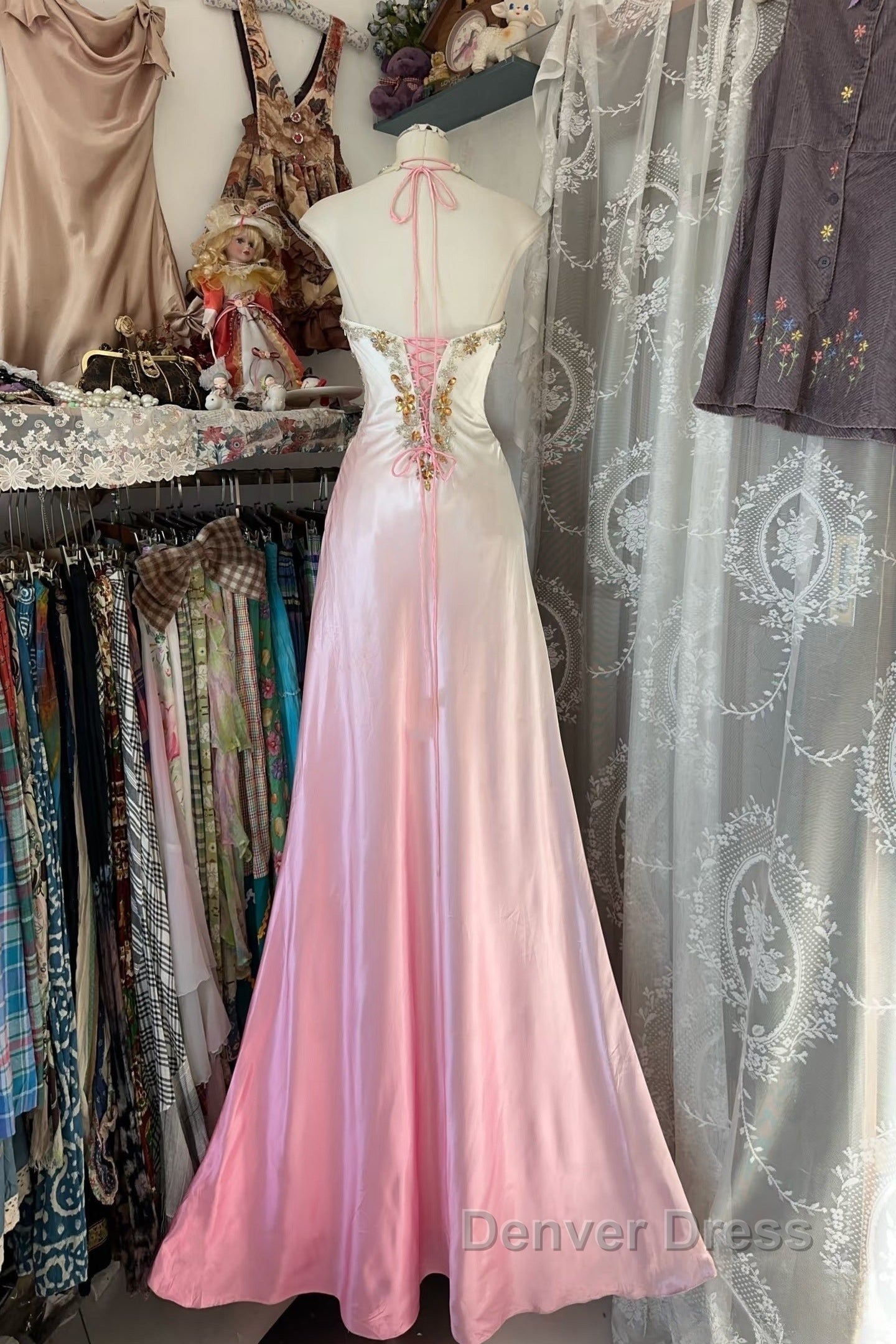 Vintage Mermaid Halter Sleeveless Long Ombre Pink Prom Dress