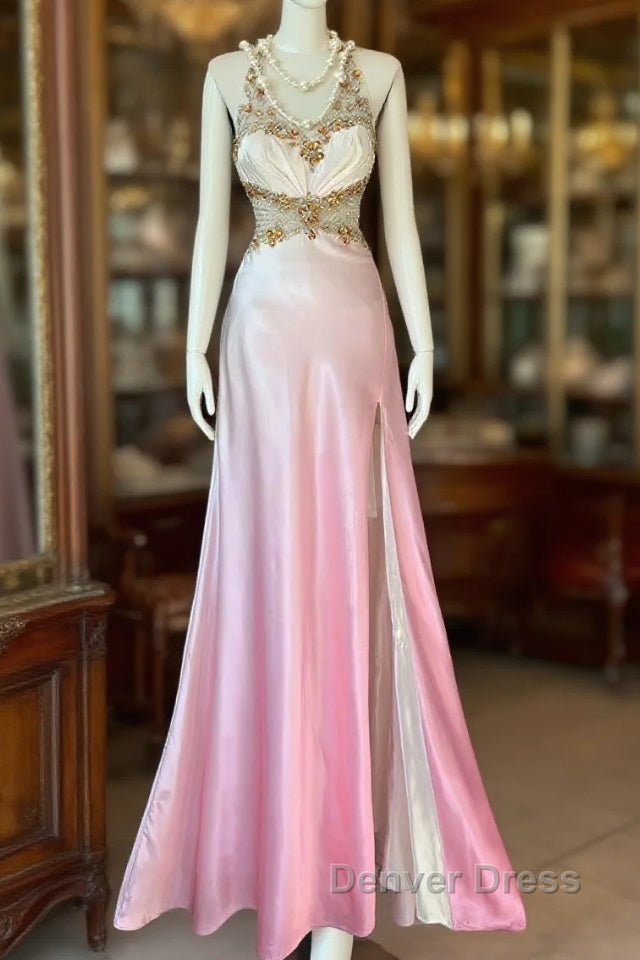 Vintage Mermaid Halter Sleeveless Long Ombre Pink Prom Dress