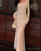 Vintage Mermaid Lace Prom Dresses Elegant Apricot Square Collar Prom Gowns