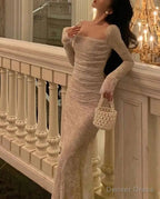 Vintage Mermaid Lace Prom Dresses Elegant Apricot Square Collar Prom Gowns