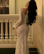 Vintage Mermaid Lace Prom Dresses Elegant Apricot Square Collar Prom Gowns