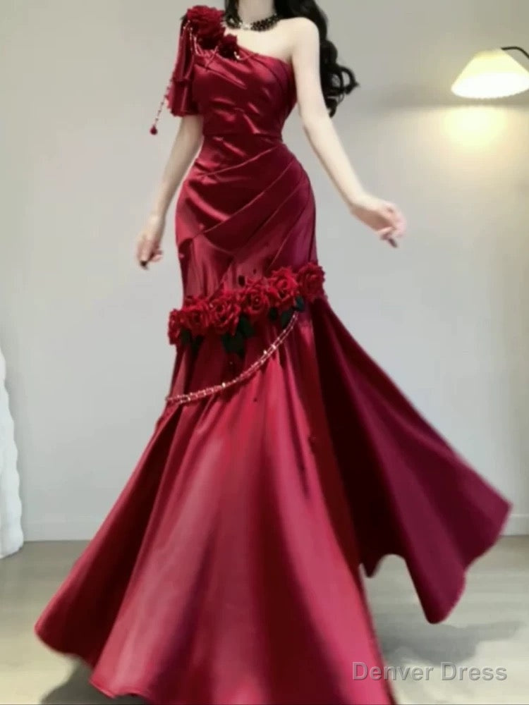 Vintage Mermaid One Shoulder Burgundy Satin Long Floor Length Prom Dresses Main image