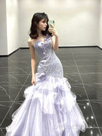 Vintage Mermaid One Shoulder Lilac Tulle Satin Long Prom Dress