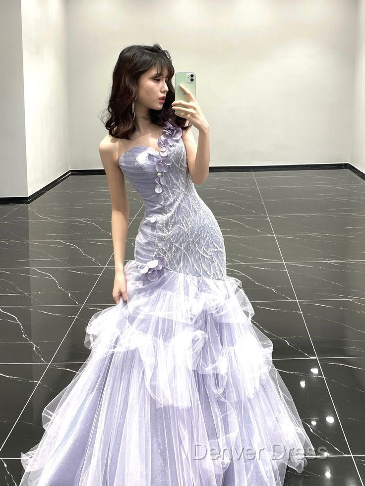 Vintage Mermaid One Shoulder Lilac Tulle Satin Long Prom Dress