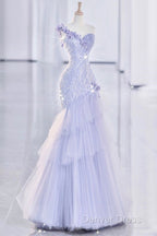 Vintage Mermaid One Shoulder Lilac Tulle Satin Long Prom Dress