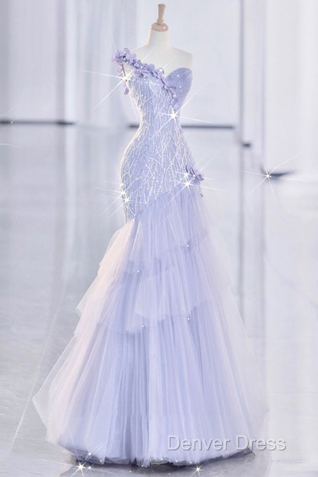 Vintage Mermaid One Shoulder Lilac Tulle Satin Long Prom Dress