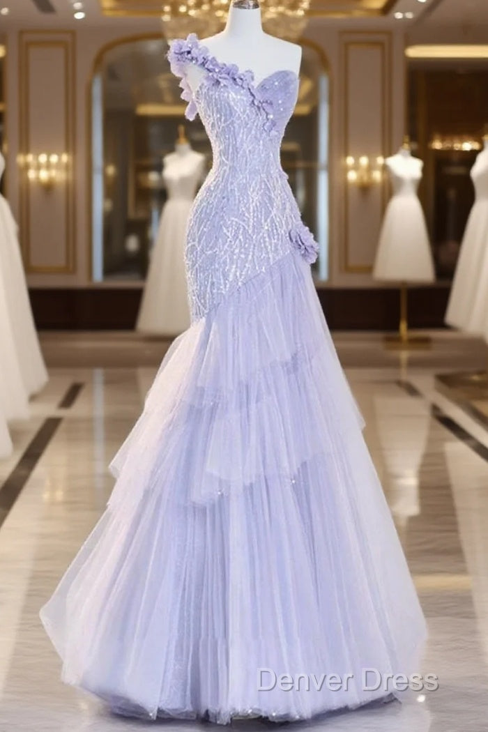 Vintage Mermaid One Shoulder Lilac Tulle Satin Long Prom Dresses Party Dresses Main image