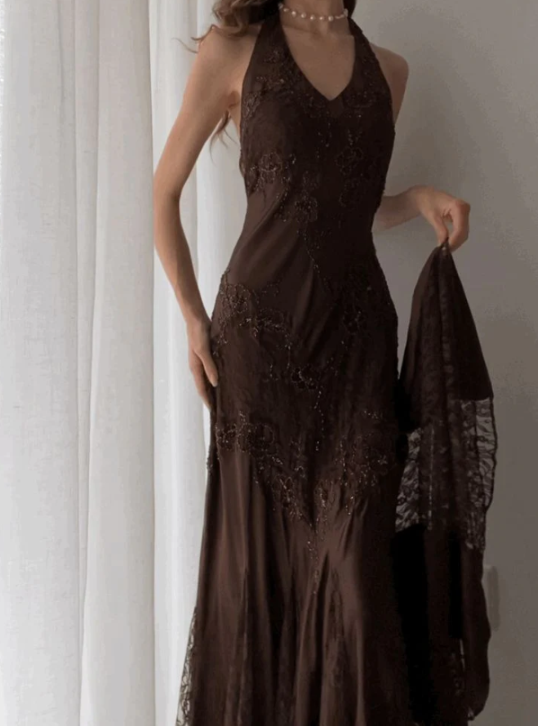 Vintage Mermaid Sleeveless Halter Brown Long Prom Dresses Secondary image