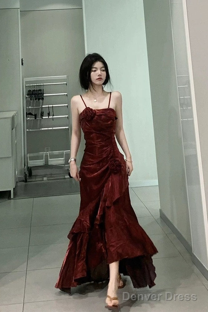 Vintage Mermaid Spaghetti Straps Burgundy Long Party Dresses Birthday Outfits
