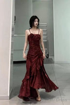 Vintage Mermaid Spaghetti Straps Burgundy Long Party Dresses Birthday Outfits