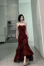 Vintage Mermaid Spaghetti Straps Burgundy Long Party Dresses Birthday Outfits