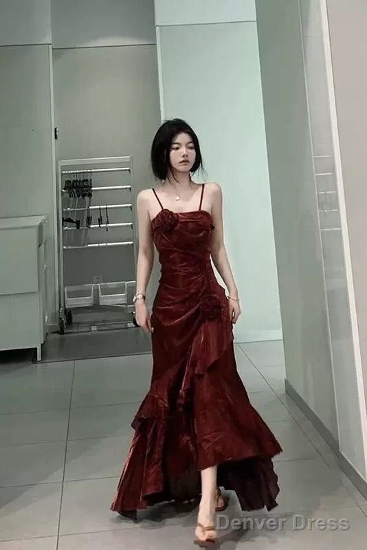 Vintage Mermaid Spaghetti Straps Burgundy Long Party Dresses Birthday Outfits