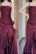 Vintage Mermaid Spaghetti Straps Burgundy Long Party Dresses Birthday Outfits