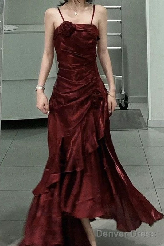 Vintage Mermaid Spaghetti Straps Burgundy Long Prom Dresses Birthday Outfits