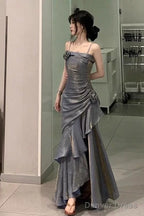 Vintage Mermaid Spaghetti Straps Gray Long Prom Dresses Birthday Outfits