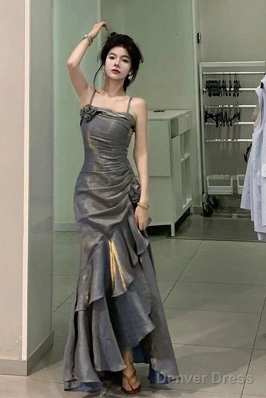 Vintage Mermaid Spaghetti Straps Gray Long Prom Dresses Birthday Outfits
