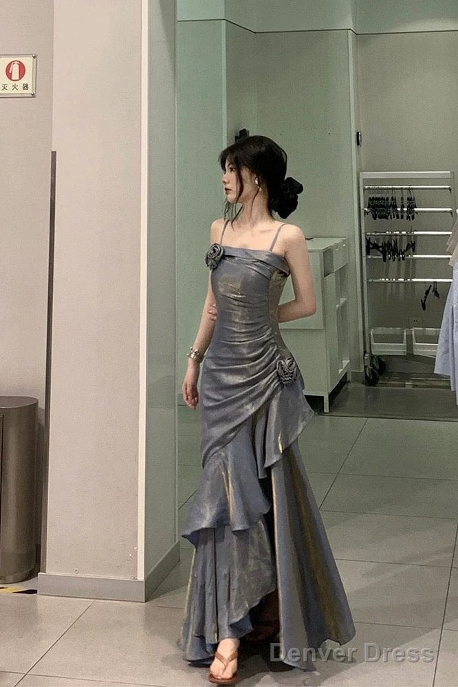 Vintage Mermaid Spaghetti Straps Gray Long Party Dresses Birthday Outfits Main image
