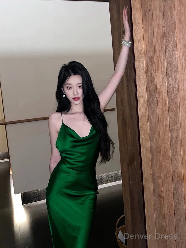 Vintage Mermaid Spaghetti Straps Green Satin Long Birthday Dress Prom Dresses Secondary image